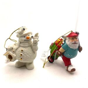 Lot Of 2 Brighten The Season Snow Man & Golf Santa Dangling Christmas Ornaments